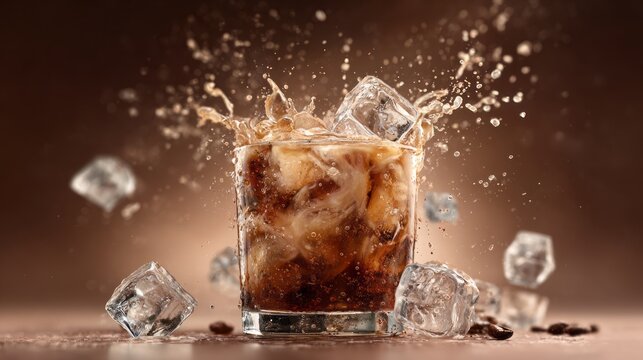 Refreshing iced coffee splash with ice cubes in glass, capturing dynamic motion and summer beverage concept for invigorating refreshment and cool drink advertisement