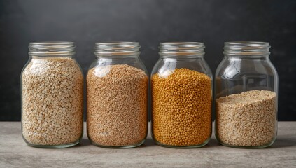 Cereals like oatmeal, buckwheat, and rice in glass jars, showcasing gluten-free options for nutritious homemade meals