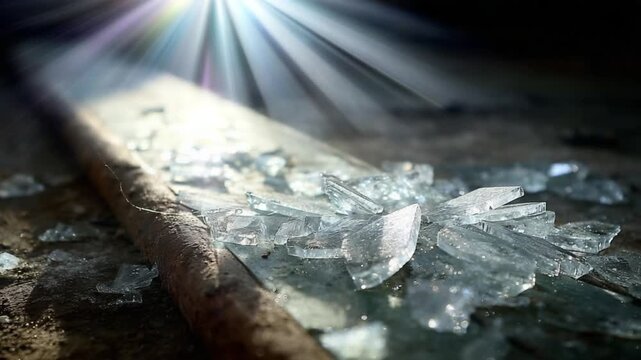 Broken glass reflects light in a dark room.