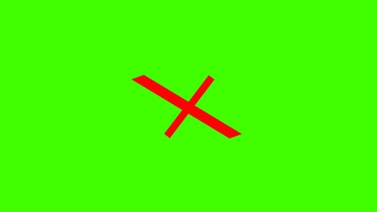 red incorrect wrong answer no entry cross with diagonal strokes and rounded corners animating on and off the screen with plain green background. 