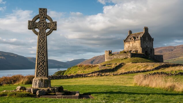 Celtic Cross structure near water, symbol of heritage and history, preservation