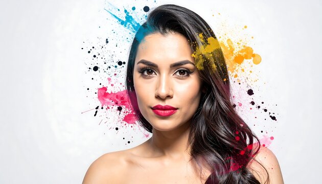 Portrait of a woman with colorful paint splashes against a bright white background - Powered by Adobe