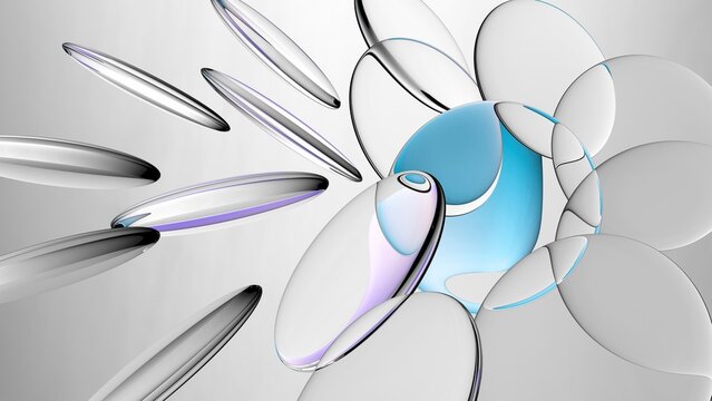 3d rendering. Abstract minimalist aesthetic wallpaper. Flat oval transparent pieces isolated on white background. Glass lenses refracting violet blue gradient