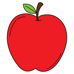 Hand-drawn cartoon red apple with green leaf on a white background.