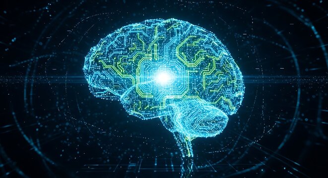 Digital brain with glowing center and circuit board like structure