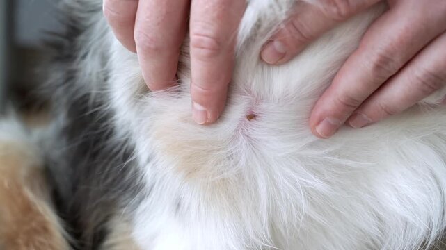 Close-up of a tick biting an Australian Shepherd dog, showing parasite risk and pet health care during the tick activity season. Horizontal  video of searching a tick in a dog fur