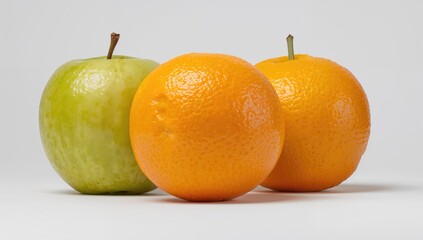 Green apples and oranges displayed closely on a white backdrop, refreshing fruit selection