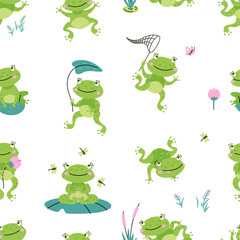 Cartoon frogs seamless pattern. Green frog and plants, lily flower, marsh reed. Children cute animals print for wallpaper, wrapping, fabric, vector background design