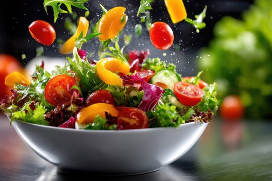Fresh salad ingredients flying into a white bowl during preparation in a modern kitchen