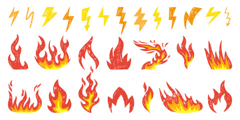 Hand drawn fire and thunder. Burning flames, lightnings icons. Crayon or colored pencil drawing elements. Hot, campfire, electricity, power neoteric vector symbols