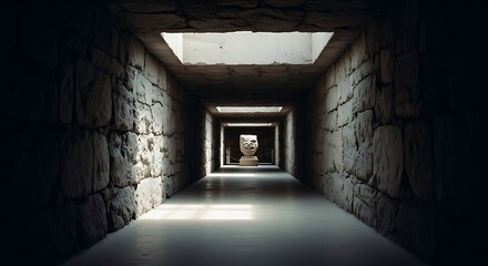 Fototapeta premium Mysterious Stone Tunnel with Distant Light and Ancient Statue.