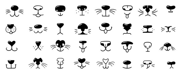 Doodle animal noses. Cats nose with mustache, face parts of dog puppy rabbit kitten. Wild animal care logo, hand drawn neoteric vector elements
