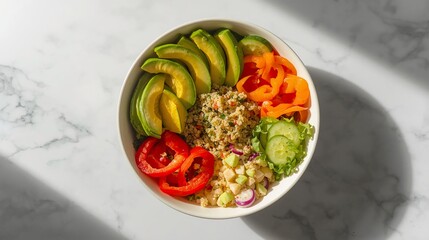 Vibrant, healthy grain bowl overflowing with fresh avocado, crisp vegetables, and colorful bell peppers, perfect for a nutritious meal.