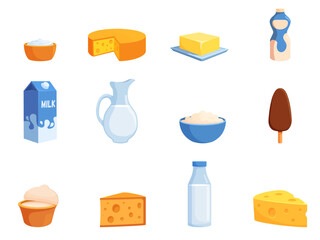 Cartoon milk products. Yogurt, different cheese and sour cream. Isolated dairy fresh food, ingredients for cooking and eating, sapid vector set