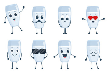 Glass of milk character. Funny various emotions dairy drink, yoghurt, kefir. Activity poses, happy angry seriously and in love, sapid vector clipart