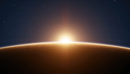 Sunrise over a blue planet with stars in the background