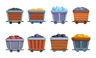Mine carts. Isolated cart with gems, golden bars, coal and stones. Various dwarf treasures, coal and precious metal mining. Industrial sapid vector set