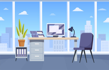Office interior. Individual workplace in coworking zone with monitor, computer, desk and papers. Boss work area, personal space on job, sapid vector scene