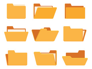 Yellow folders. Isolated paper folder various rotations. Empty papers storage, documents organization symbol. Office equipment, sapid vector element