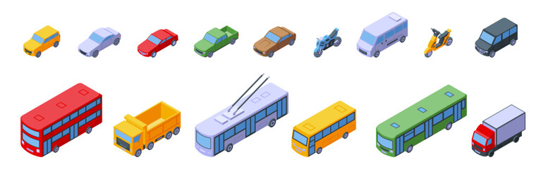 Isometric public transport. Car truck bus motorbikes, social and personal 3d vehicle icons. Delivery and urban logistic, city transportation, nifty vector set