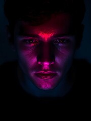 Intense young man illuminated by vibrant neon pink and blue light, conveying mystery and modern introspection in a dark setting.