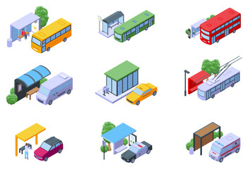 Isometric public transport stations. People waiting transports, empty waiting station. Urban architecture elements, wait bus trolley taxi, nifty vector set