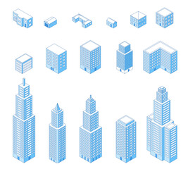 Isometric line houses. Apartment buildings, home, social and public architecture elements. 3d outline district, isolated building design, nifty vector set