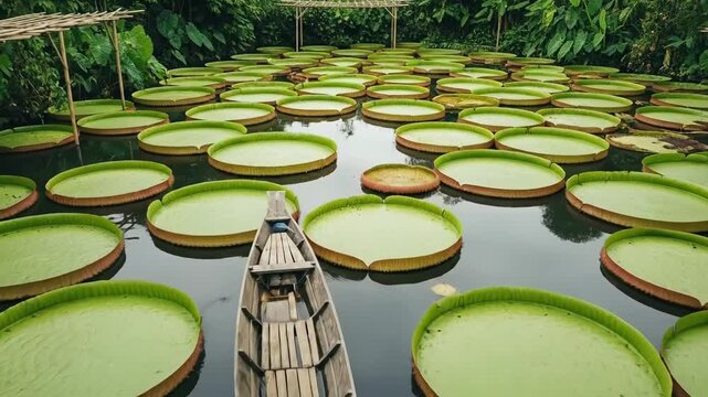 Large water lily pads and wooden boat on pond
