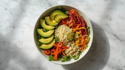 Vibrant Buddha bowl bursting with fresh avocado, colorful peppers, and wholesome grains, perfect for healthy eating inspiration.