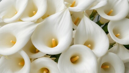 Naklejka premium Close-up of blooming white calla lilies, ideal for floral design and wedding themes
