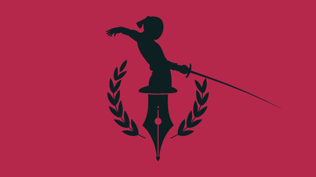 Dynamic fencing logo design with ink pen and laurel wreath on red backdrop, perfect for sports blogs, writing communities, or creative brand identity