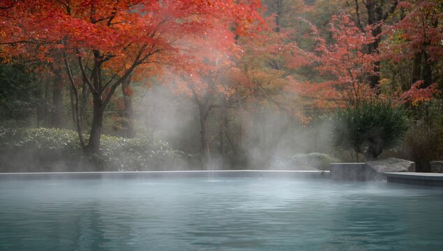 Japanese open air hot spring surrounded by nature, relaxation and wellness
