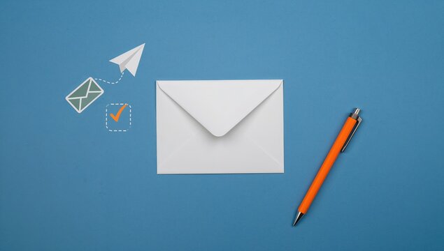 White postal envelope icon with orange pen, emphasizes communication efficiency