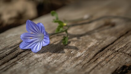 Blue flower resting on wooden surface, nature's simplicity, Earth Day