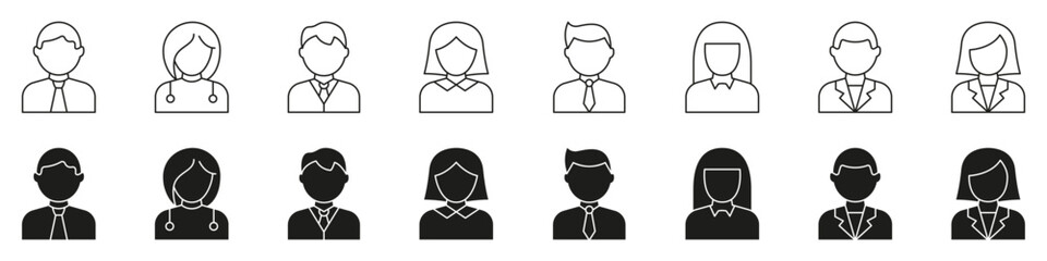 Professional Avatar Icon Set. Diverse Occupation Representation In Outline And Silhouette Styles. Business, Medical, And Corporate Profile Symbols. Isolated Vector Illustration