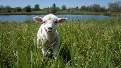 Fototapeta premium Little white lamb grazing in a green field, summer setting, wildlife observation