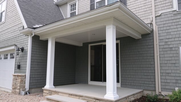 Entrance porch with white rectangular columns and roof overhang on a newly built single-family house clad in vinyl horizontal lap siding