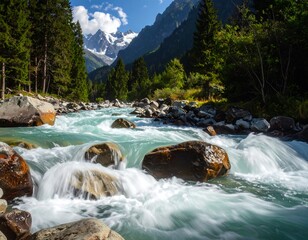 A scenic view of a rushing turquoise river meandering through a lush forest, with majestic, snow-capped mountains in the background