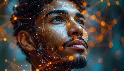 Portrait of person looking up, with network of luminous points and lines superimposed over them
