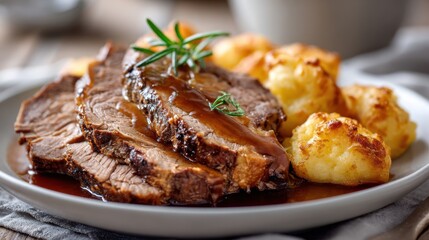 Sauerbraten German pot roast with gravy and potato dumplings on white plate, minimalist christmas food photography, elegant composition