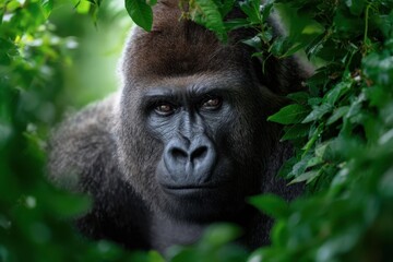 Fototapeta premium Majestic gorilla observing its surroundings among lush green foliage in a rainforest habitat