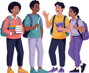 Flat Design Diverse Group of Happy High School or College Students Talking and Holding Books - Education Concept