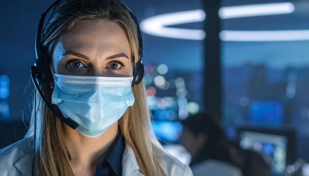 Portrait of woman wearing mask and headset in a blurred office at night
