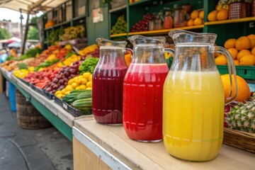 Fresh fruit and juice stand at a market with colorful produce on display