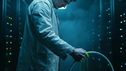 Inspecting green slime on cable. Man in labcoat studies contamination. Scientist inside datacenter checks server. Liquid drips from cable onto floor. Experiment implies risk and hazard. Threat to - Powered by Adobe