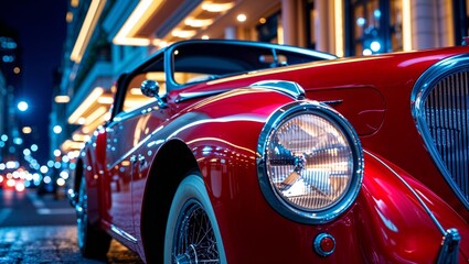 Classic red convertible car parked on a city street at night