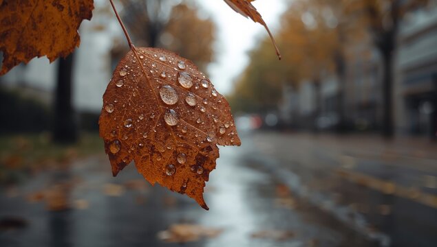 Close-up of autumn leaf with water droplets on ground, highlighting seasonal change