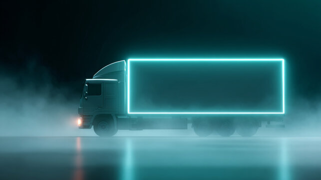 Side view of a large truck with glowing neon rectangular frame on the cargo area in a foggy dark environment - Powered by Adobe
