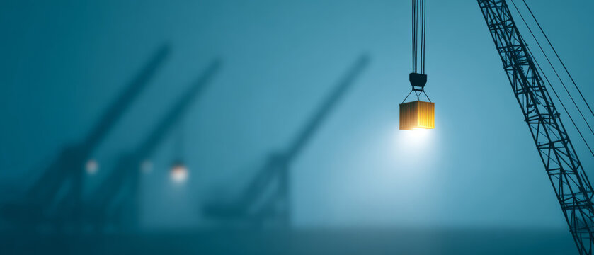 Industrial crane lifting illuminated shipping container at foggy port with blurred cranes in background