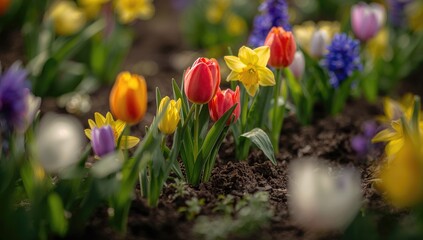 Bulbs of spring flowers planted in the soil, seasonal growth in progress